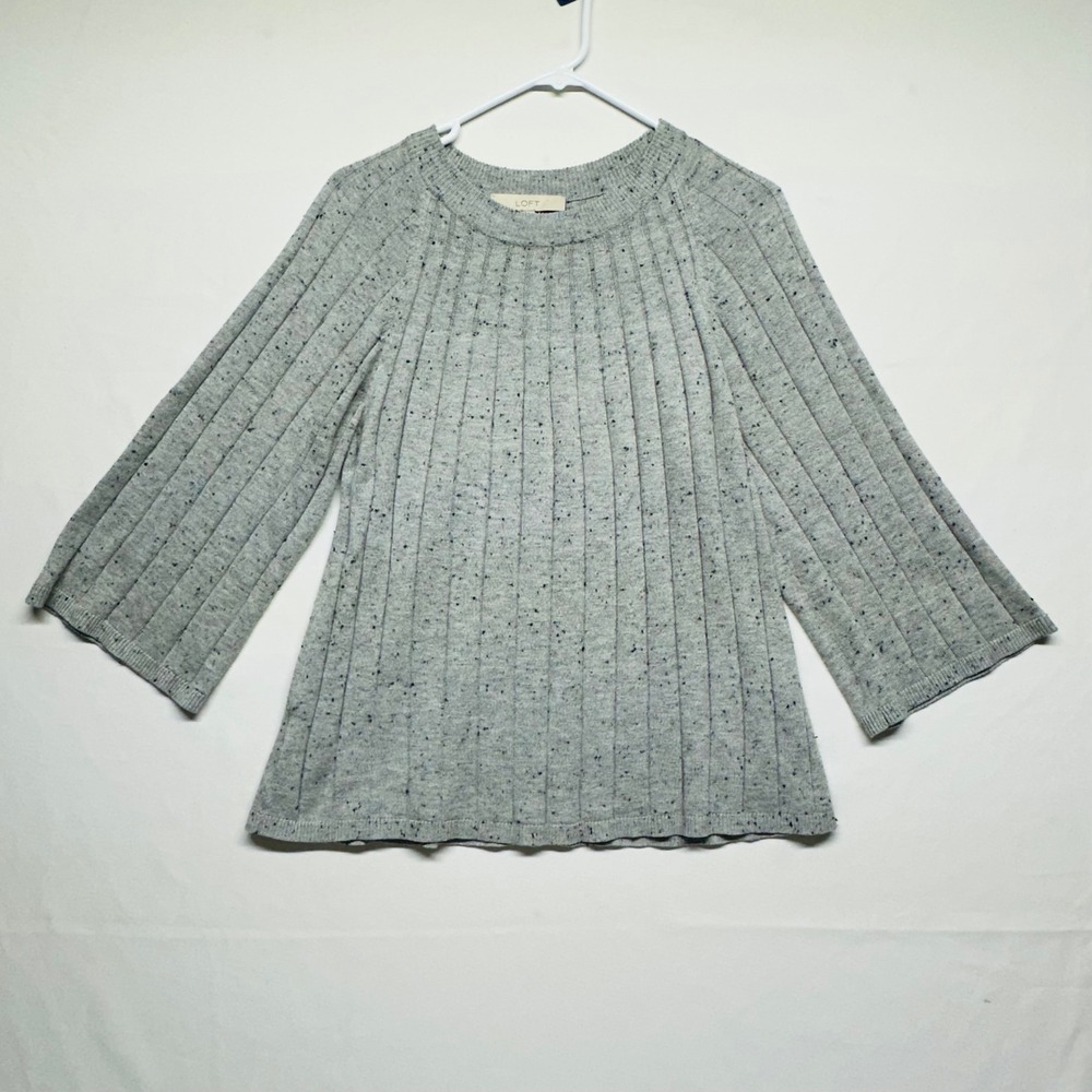 LOFT Gray Marled Crew Neck Ribbed Sweater 3/4 Wide Sleeves Elegant Womens M‎